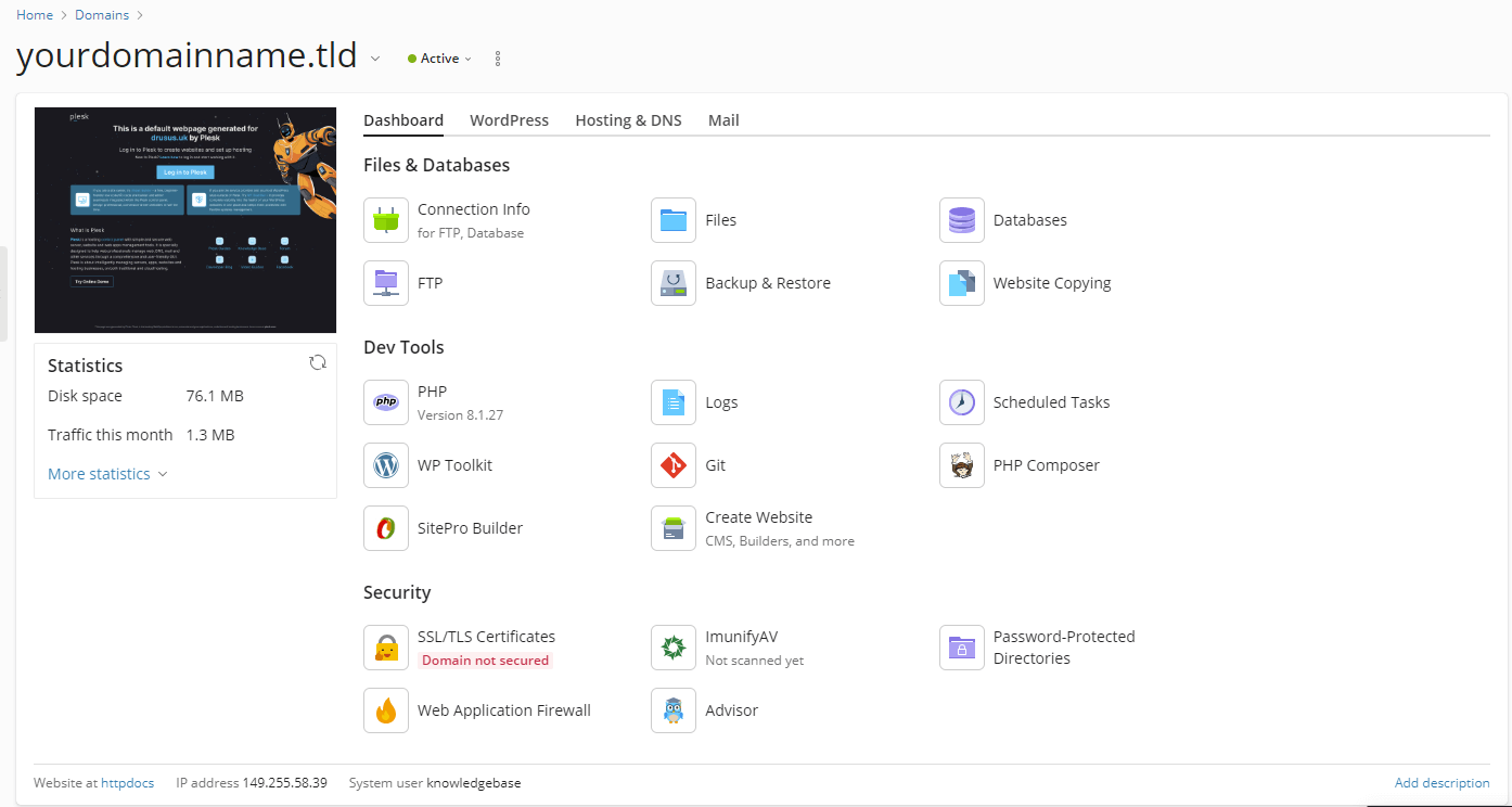 Your domain shown in Plesk