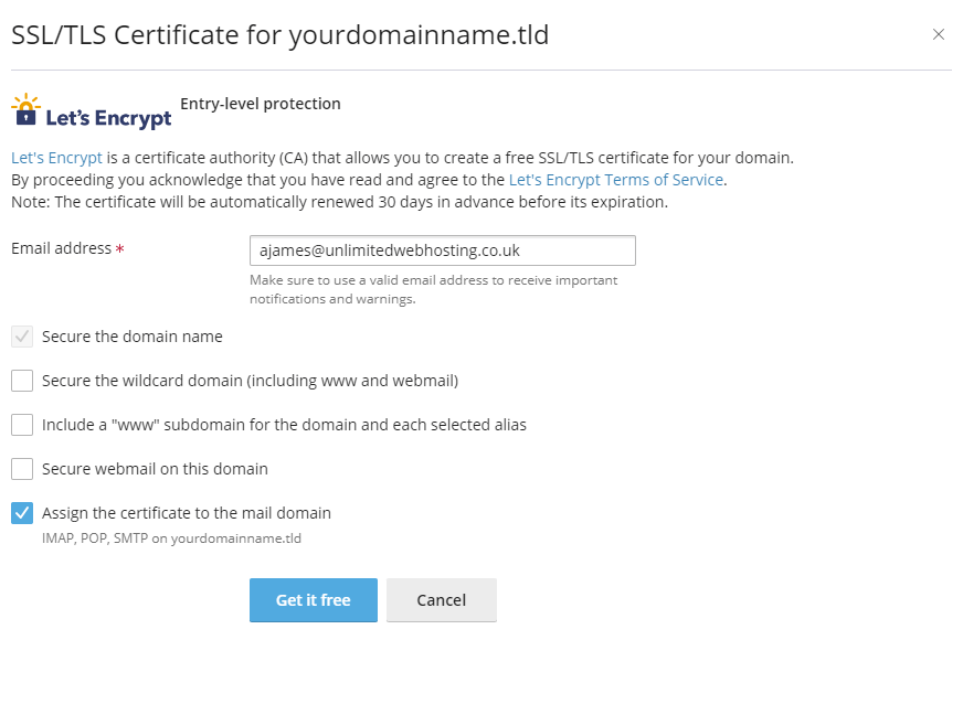 Plesk Lets Encrypt secure mail