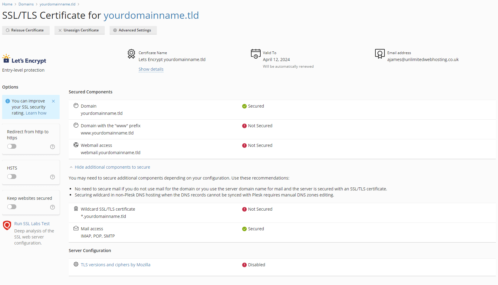 Plesk showing mail area secured with SSL/TLS certificate