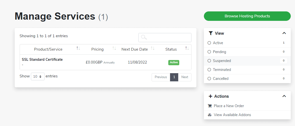 HostingLand client area manage services