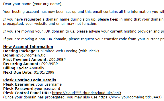 HostingLand welcome email, containing login information